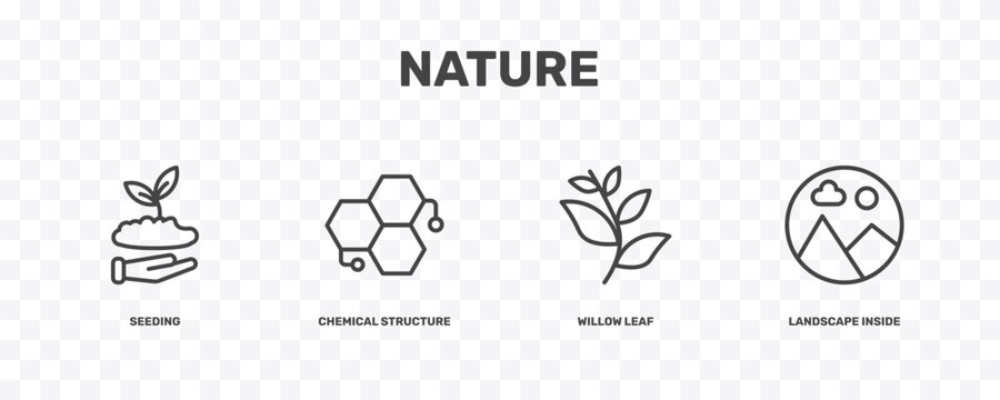 nature icon set with seeding, chemical structure, willow leaf, landscape inside frame signs in flat outline style