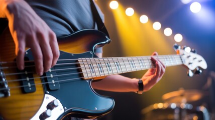 Obraz premium Bass guitarist performing on stage with atmospheric bokeh lighting in the background