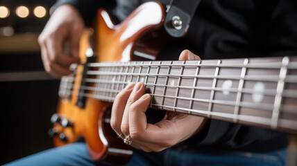Obraz premium Detailed shot of a musician fretting notes on a 5-string electric bass guitar neck.