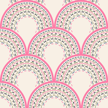 Decorative seamless pattern with concentric arches and dotted details in soft pink, cream and navy tones. Dashed lines in scallop shapes, seamless vector pattern, boho abstract geometric background,