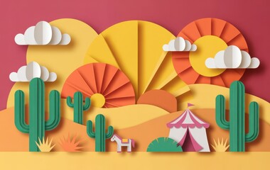 Fototapeta premium Paper cut-out desert landscape illustration with cacti, hills, suns and a circus tent
