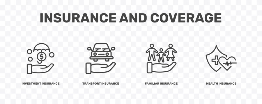 insurance and coverage icon set with investment insurance, transport insurance, familiar health signs in flat outline style