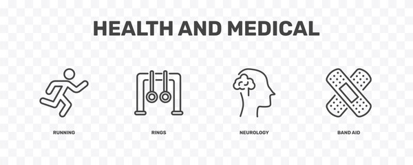 Fototapeta premium health and medical icon set with running, rings, neurology, band aid signs in flat outline style