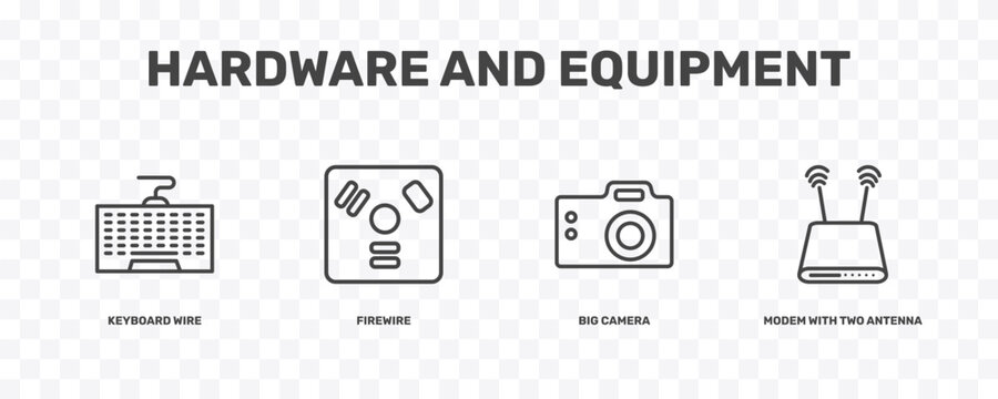 hardware and equipment icon set with keyboard wire, firewire, big camera, modem with two antenna signs in flat outline style