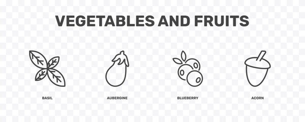 vegetables and fruits icon set with basil, aubergine, blueberry, acorn signs in flat outline style © Abstract
