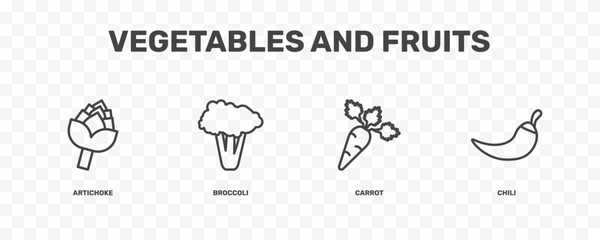 Obraz premium vegetables and fruits icon set with artichoke, broccoli, carrot, chili signs in flat outline style