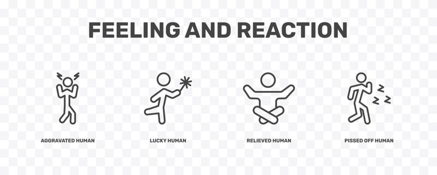 feeling and reaction icon set with aggravated human, lucky human, relieved human, pissed off signs in flat outline style