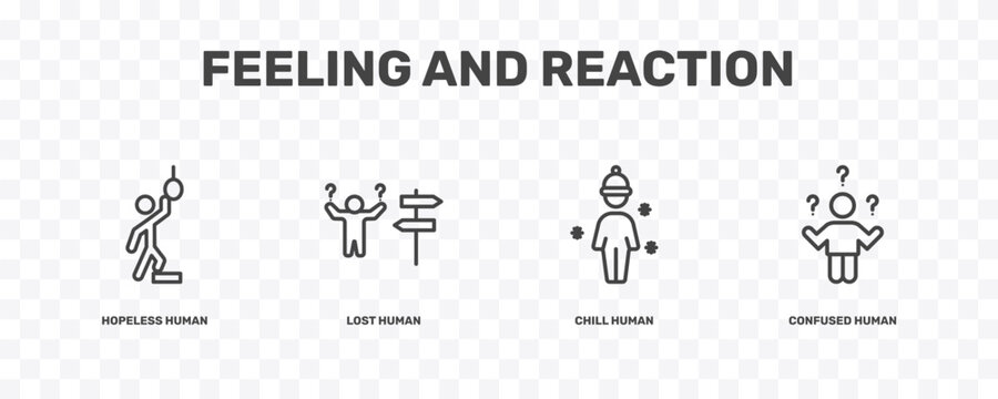 feeling and reaction icon set with hopeless human, lost human, chill human, confused signs in flat outline style