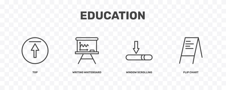 education icon set with top, writing whiteboard, window scrolling medium, flip chart signs in flat outline style
