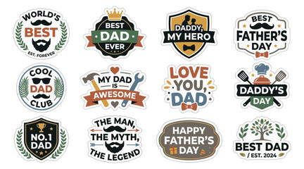 Fototapeta premium Fathers day stickers vector illustration set with retro badges label emblem for dad gift card icon pack