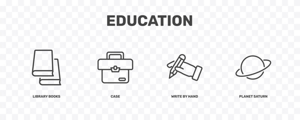 education icon set with library books, case, write by hand, planet saturn signs in flat outline style © Abstract