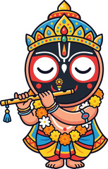 Naklejka premium Charming Jagannath playing flute with eyes closed in colorful traditional attire against white