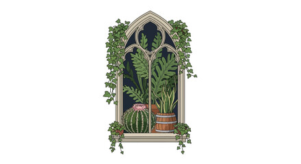 Gothic arched window filled with lush houseplants and blooming cactus illustration © Elsuki