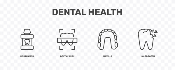 dental health icon set with mouth wash, dental x ray, maxilla, holed tooth signs in flat outline style © Abstract