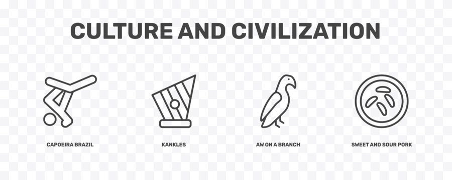 culture and civilization icon set with capoeira brazil dancers, kankles, aw on a branch, sweet and sour pork signs in flat outline style