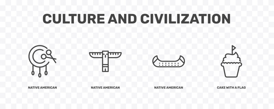 culture and civilization icon set with native american drum, native american totem, native american canoe, cake with a flag signs in flat outline style