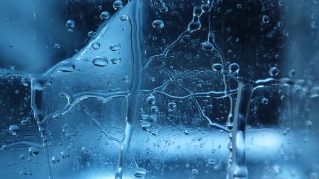 Slow motion static close up of water droplets sliding down glass window pane with blue translucent background