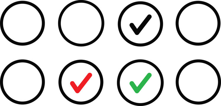 Set of eight circular icons including empty circles and checkmarks in black red and green isolated on transparent background