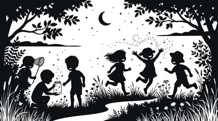 Silhouette of happy kids catching fireflies at night in a park, children playing outdoors under the moon and stars vector illustration