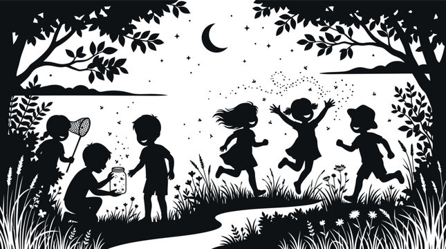 Silhouette of happy kids catching fireflies at night in a park, children playing outdoors under the moon and stars vector illustration