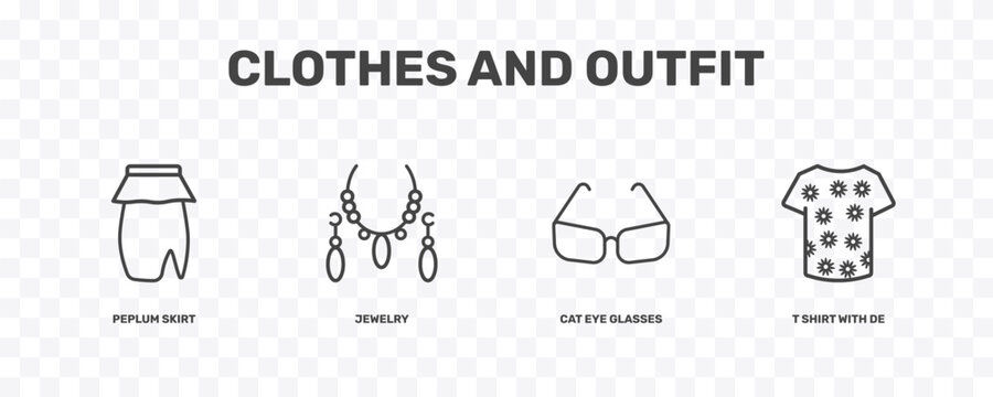 clothes and outfit icon set with peplum skirt, jewelry, cat eye glasses, t shirt with de signs in flat outline style
