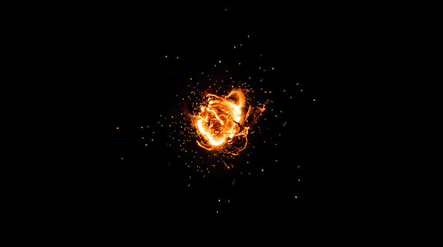 Fire explosion with glowing sparks and fiery embers on black background, isolated fireball burst for cinematic vfx and graphic design overlay