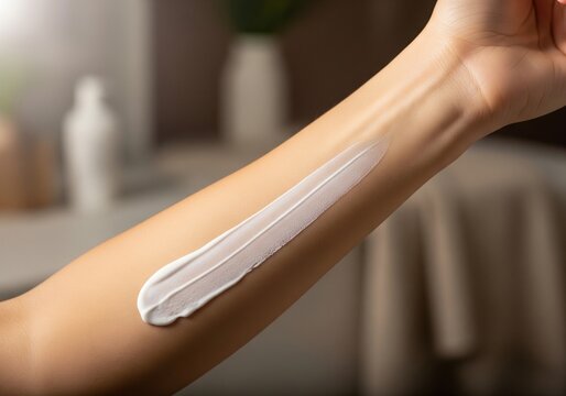A smear of white cream being applied to a person's forearm, demonstrating skincare