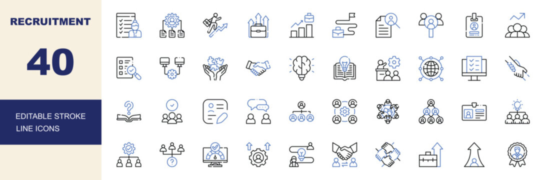 Human Resources, Recruitment, Teamwork, Employee Management, Leadership, Hiring Line Icons Set Editable Stroke Vector Illustration