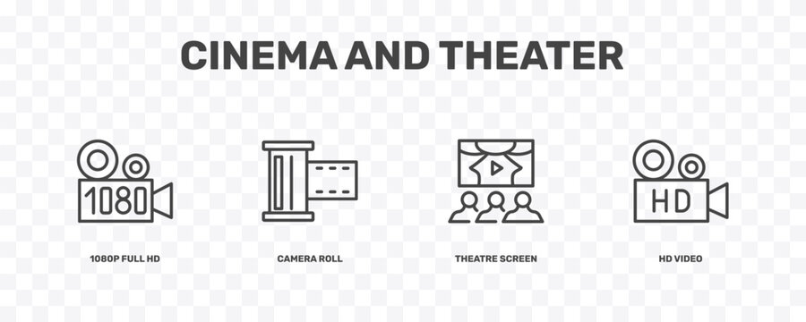 cinema and theater icon set with 1080p full hd, camera roll, theatre screen, hd video signs in flat outline style