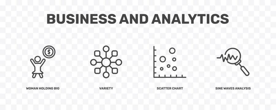 business and analytics icon set with woman holding big coin, variety, scatter chart, sine waves analysis signs in flat outline style