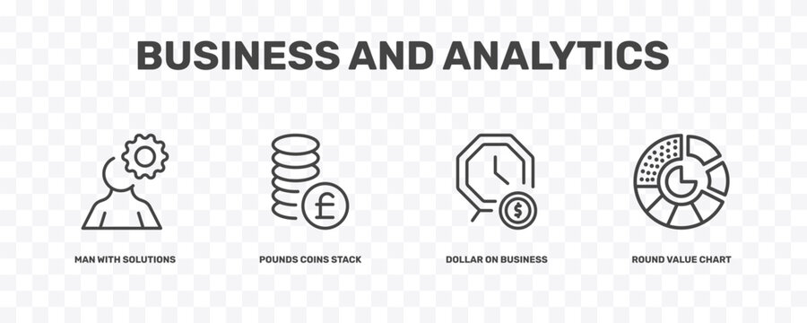 business and analytics icon set with man with solutions, pounds coins stack, dollar on business time, round value chart signs in flat outline style