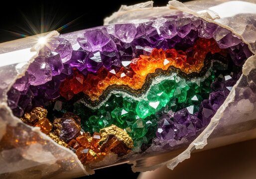 Close-up of a vibrant, layered amethyst geode with a rainbow of crystalline formations and sparkling light