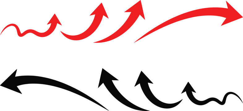 Collection of dynamic red and black arrow shapes various curves and angles isolated on transparent background