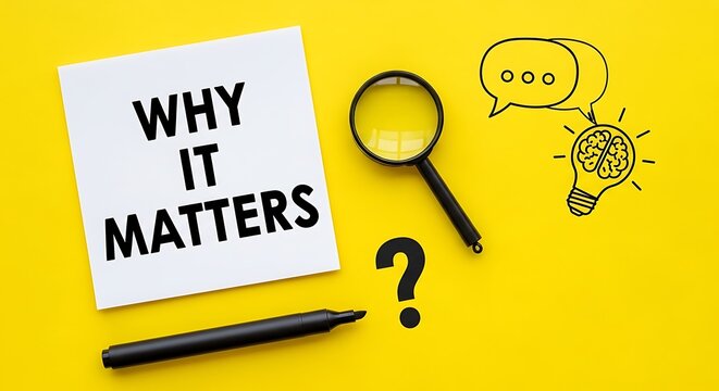 Why It Matters text on white note, business value and purpose concept, magnifying glass and idea icons on yellow background
