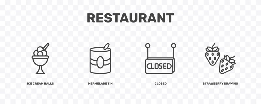 restaurant icon set with ice cream balls cup, mermelade tin, closed, strawberry drawing signs in flat outline style