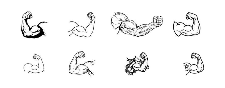 Flexing Arm Line Art Icon Set Strength Power Vector Pack on PNG Background, flexing arm, bicep icon, strength icon, power symbol, muscle arm, strong arm, fitness icon, bodybuilding, gym icon, 