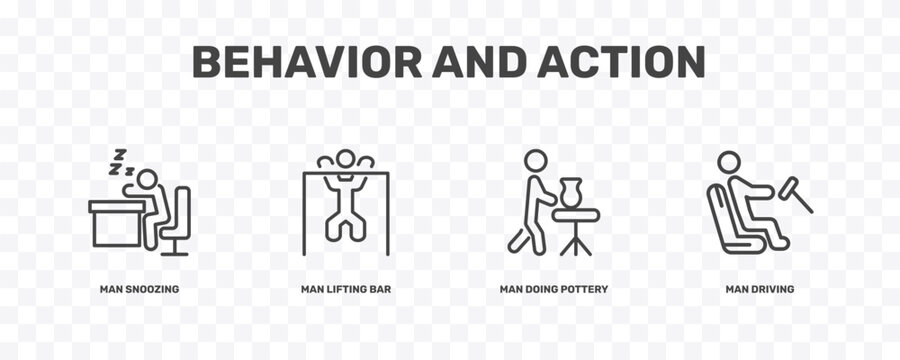 behavior and action icon set with man snoozing, man lifting bar, man doing pottery, driving signs in flat outline style