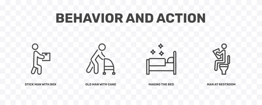 behavior and action icon set with stick man with box, old man with cane, making the bed, man at restroom signs in flat outline style