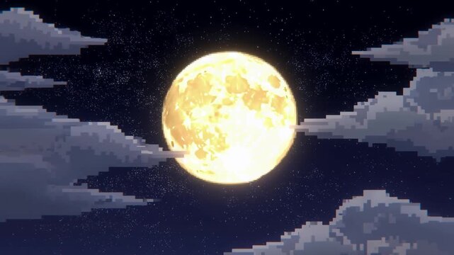 Static shot of full moon with drifting clouds crossing starry night sky in pixel art style with slow subtle motion revealing glowing lunar disc