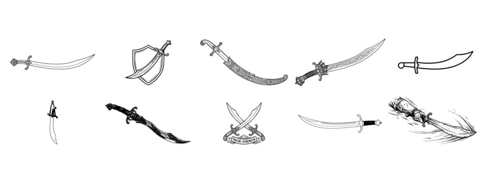 Curved Scimitar Sword Line Art Icon Set Historical Weapon Vector Background, scimitar sword, curved sword, sword icon, weapon icon, historical weapon, medieval sword, arabian sword, fantasy sword, 