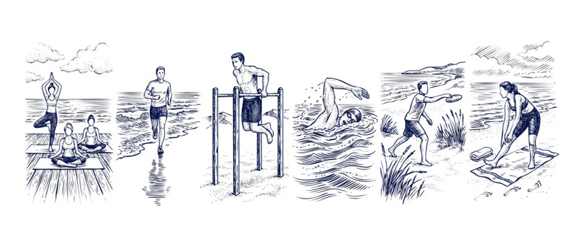 Fitness workout banner sketch engraving showing active people doing yoga jogging calisthenics swimming and stretching at the beach, vintage line art vector graphic design for healthy lifestyle concept