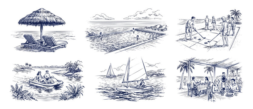 Summer beach resort sketch illustrations of vacation activities including sailing, outdoor dining, infinity pool, shuffleboard, pedal boat, and lounge chairs in a hand-drawn vintage engraving style.