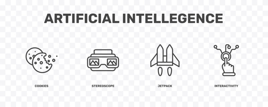 artificial intellegence icon set with cookies, stereoscope, jetpack, interactivity signs in flat outline style