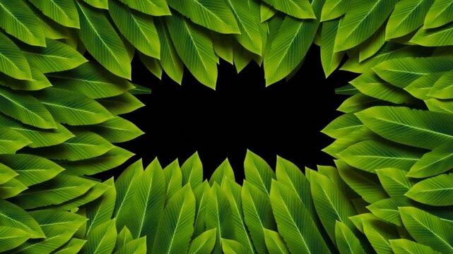 Tracking shot of layered green leaves converging to form central opening on black background studio backdrop