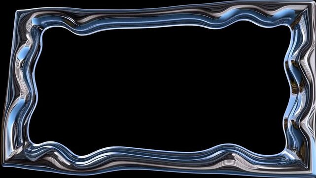 Slow motion tracking shot of chrome metallic liquid frame undulating and shifting on black studio background with glossy reflective decorative border isolated