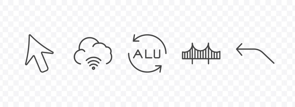 user interface icon set with mouse cursor, cloud with connection, bridge, curve left arrow signs in flat outline style