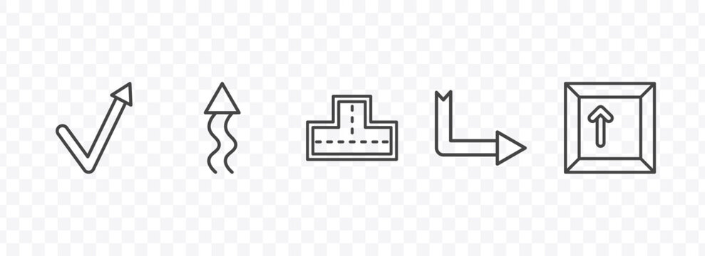 user interface icon set with check mark arrow, up arrow with scribble, down right arrow, key up signs in flat outline style