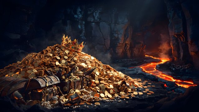 Treasure hoard with jewelry and gold coins near flowing lava in dark volcanic cave