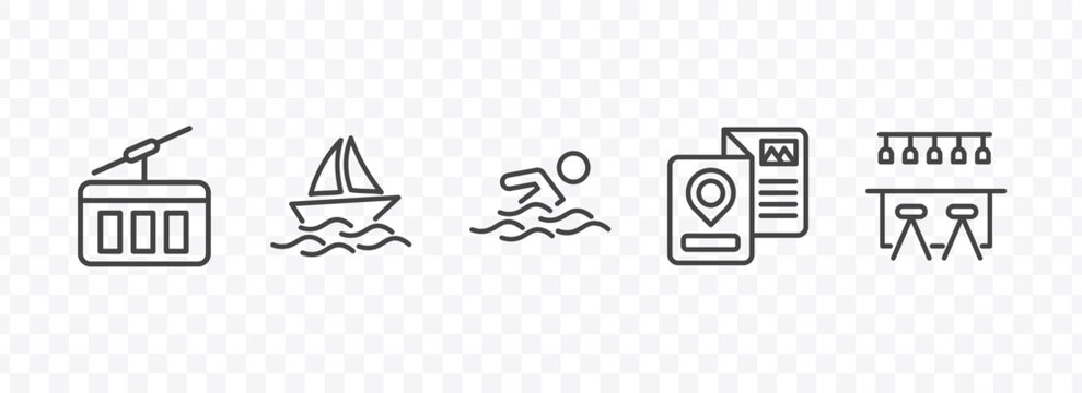 summer icon set with funicular, yatch boat, travel guide, bar signs in flat outline style