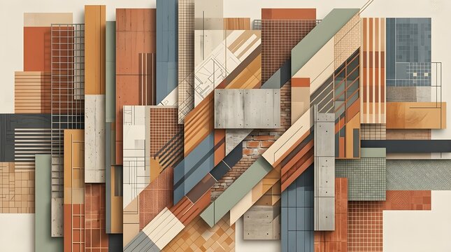 Abstract geometric composition with stacked rectangular wooden and grey metal planks and grid patterns